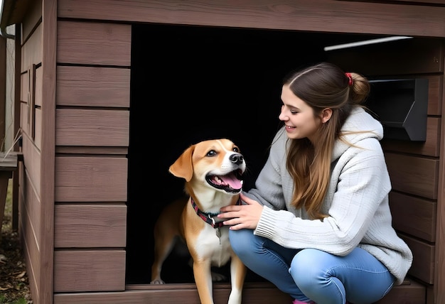 a woman petting a dog in a dog house