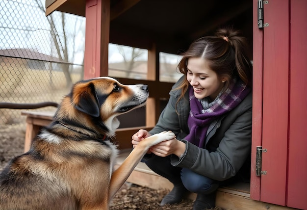 Photo a woman petting a dog in a house with a sign that says quot the dog is looking at quot