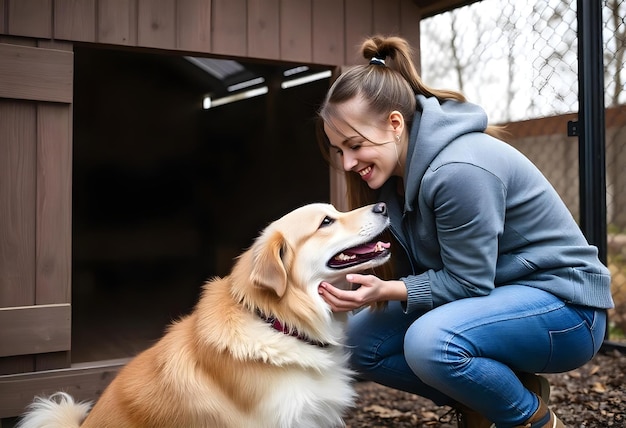 a woman petting a dog with a collar that says  the dog is smiling