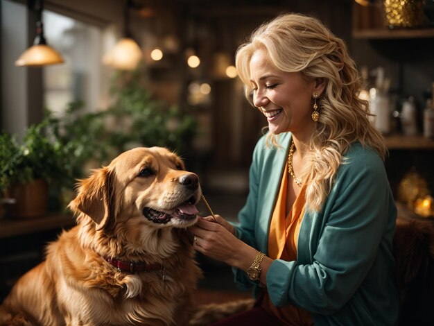 Photo a woman petting a dog