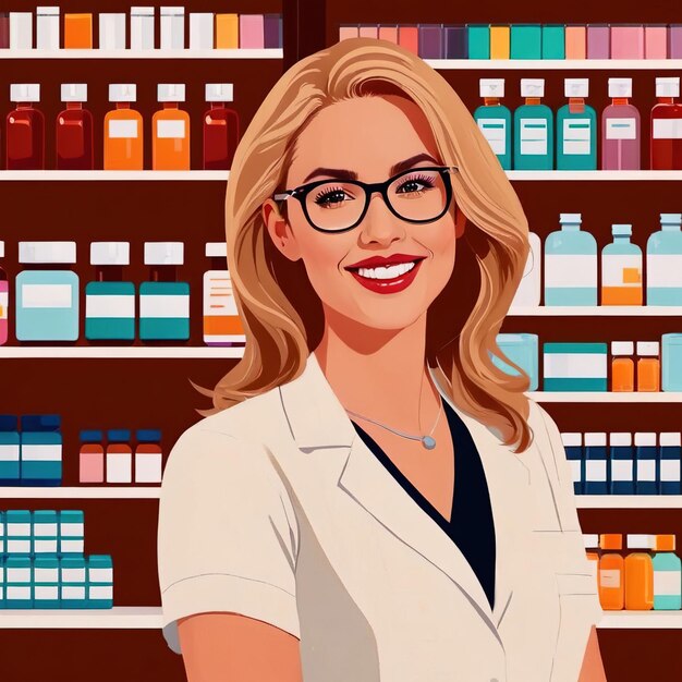 Photo woman pharmacist in front of pharmacy shelves vector lineart flat illustration