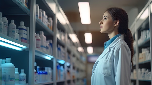 A woman in a pharmacy chooses medicines among shelves