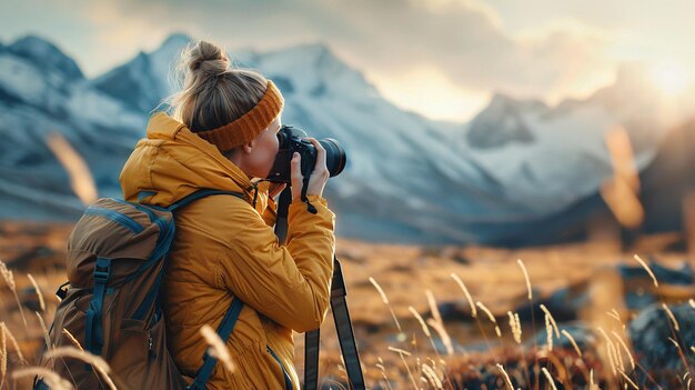 Woman photographer captures golden hour in mountainous terrain image copy space ai generated