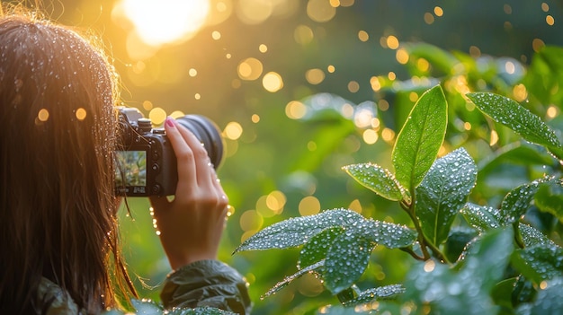 Woman Photographer Capturing Dewy Green Leaves in Golden Sunlight