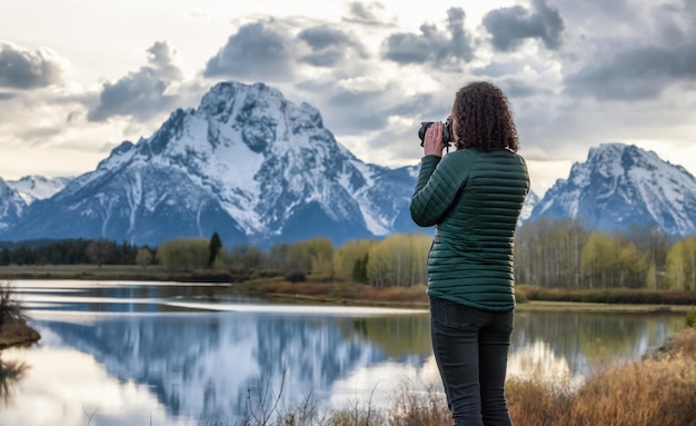 Woman photographer at river surrounded by trees and mountains in american landscape