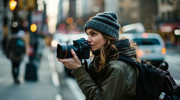 Photo the woman photographer stands tall inspiring others with her creativity