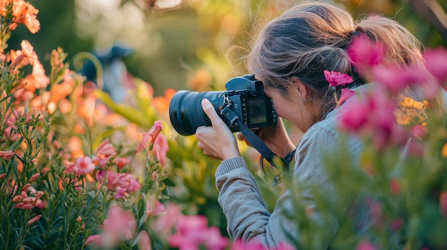 Woman Photographer Taking Pictures of Flowers in Garden