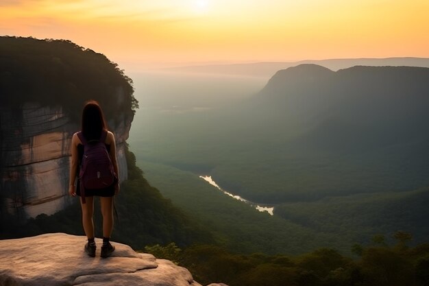 Woman photographer with big backpack taking photo of mountains and blue lake Travel and hobby concept Neural network AI generated