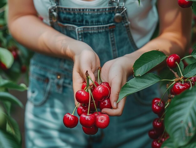 Photo woman picking ripe red cherries from a tree on a sunny day