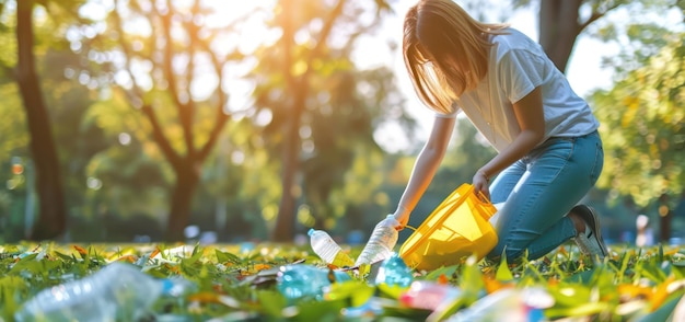 Woman Picking Up Litter in a Park