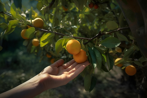 A woman picks ripe tangerine from a tree Generative AI