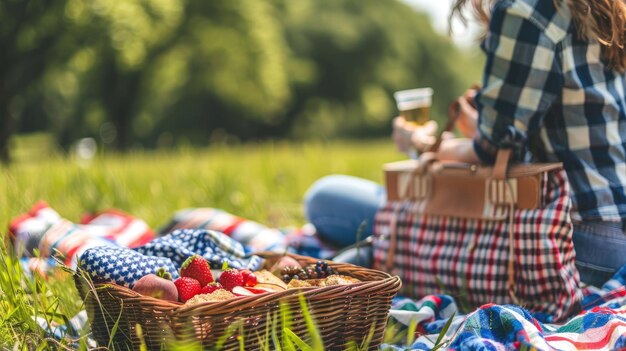 Woman at picnic sitting on plaid blanket with basket of fruits