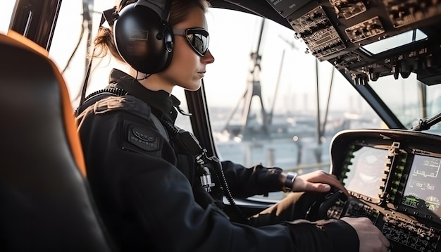 Woman pilot in the cockpit of a helicopter generated ai