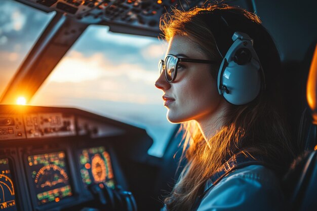 Photo woman pilot navigating at sunset in cockpit