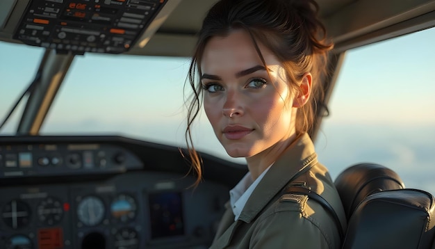 Photo a woman in a pilot  s cockpit with the words quot s quot on the side