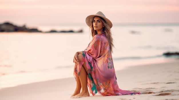 A woman in a pink beach dress sits on the sand and looks at the ocean.