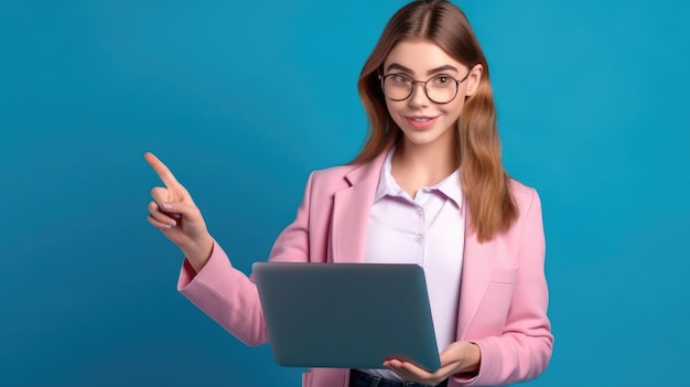 A woman in a pink blazer points to a laptop.