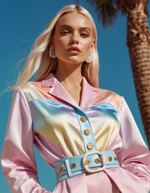 a woman in a pink and blue top is posing for a photo