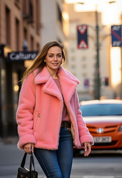 Photo a woman in a pink coat is walking down the street