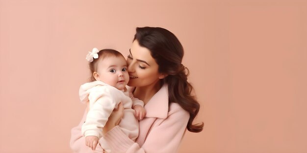 A woman in a pink coat with a white bow on her head holds a baby girl.