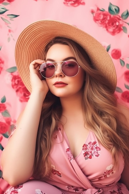 A woman in a pink dress and hat poses on a pink background with flowers.