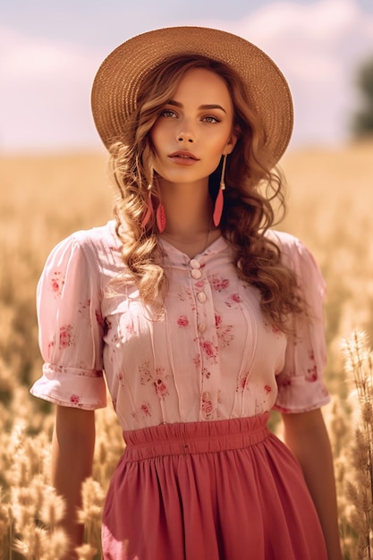 A woman in a pink dress and a hat stands in a field of wheat.