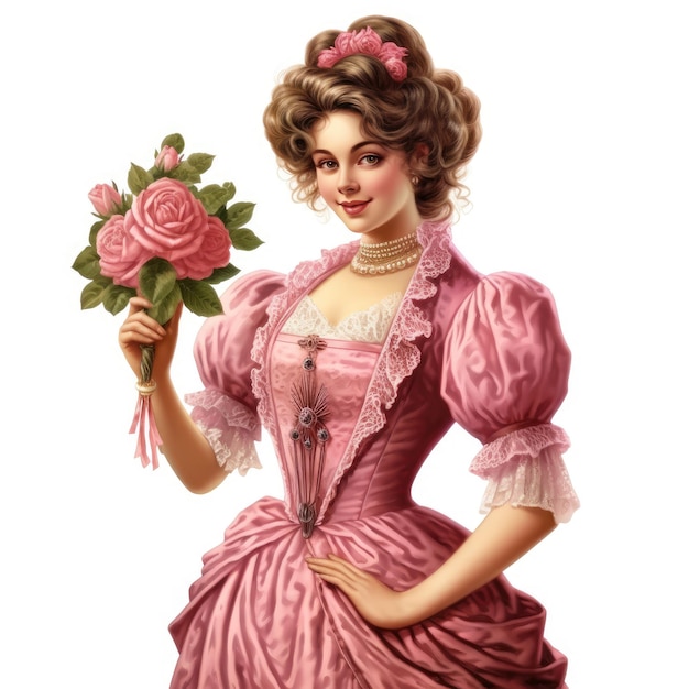 Woman in Pink Dress Holding Bouquet of Flowers