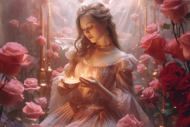 A woman in a pink dress holds a candle in her hands.