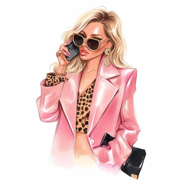 Photo a woman in a pink dress is holding a cell phone she is wearing a necklace and a pair of sunglasses