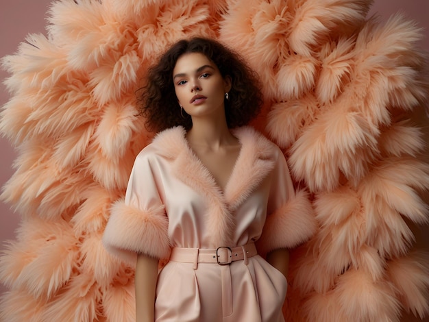 Photo a woman in a pink dress is laying on a fur covered floor