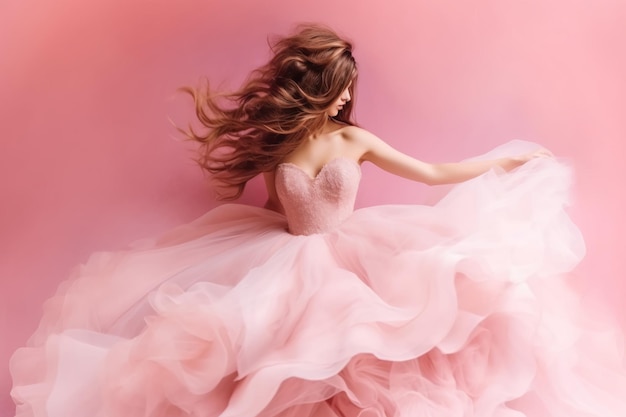 A woman in a pink dress is posing in front of a pink background.