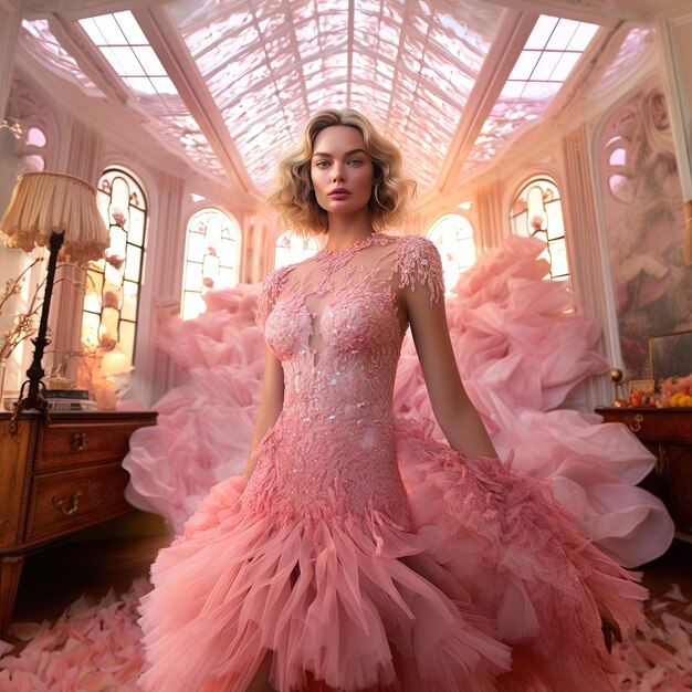 Photo a woman in a pink dress is posing in front of a window