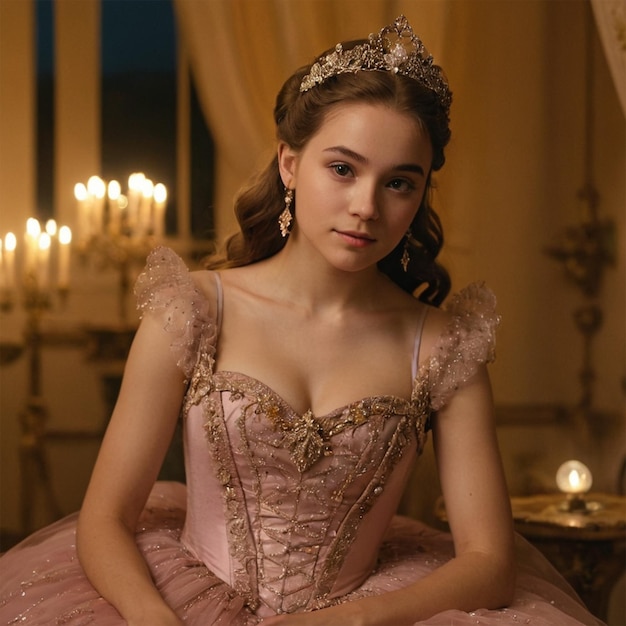 a woman in a pink dress is sitting in front of a window with a chandelier behind her