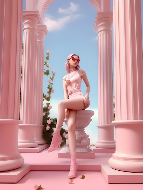 A woman in a pink dress is sitting on a pink column.