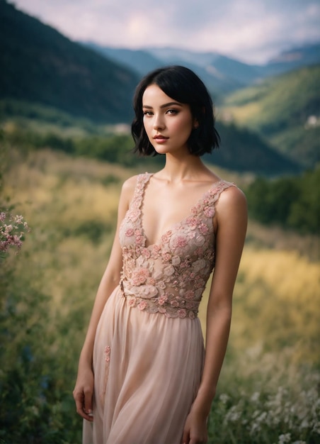 a woman in a pink dress is standing in a field of flowers