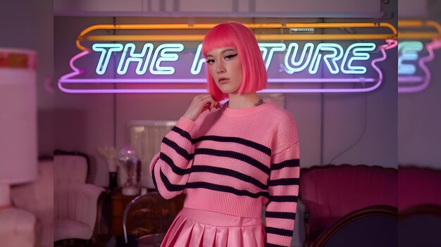 Photo a woman in a pink dress is standing in front of a neon sign that says the turn turn