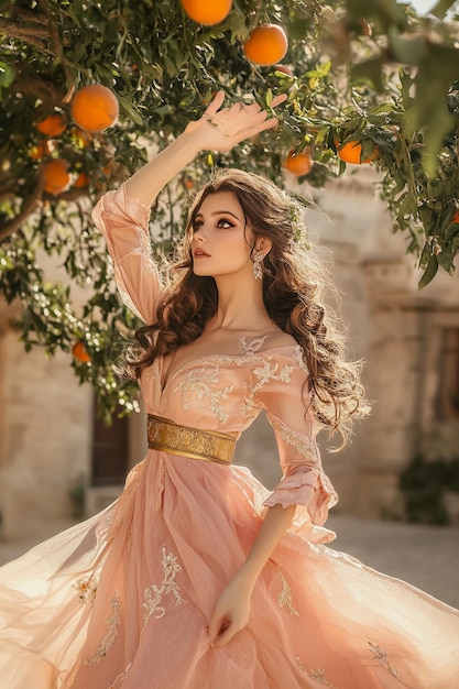 Photo a woman in a pink dress is standing in front of an orange tree