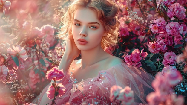 a woman in a pink dress is standing in front of a pink flowered background