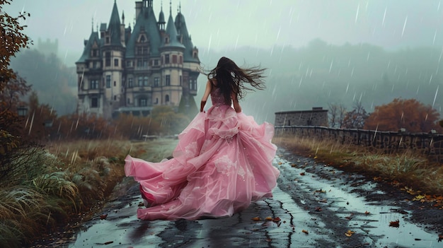 Photo a woman in a pink dress is standing in the rain