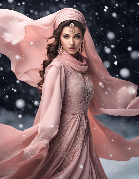 a woman in a pink dress is standing in the snow with a pink veil