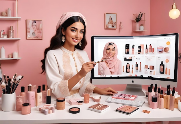 a woman in a pink dress is working on a computer with a picture of a woman in a pink dress