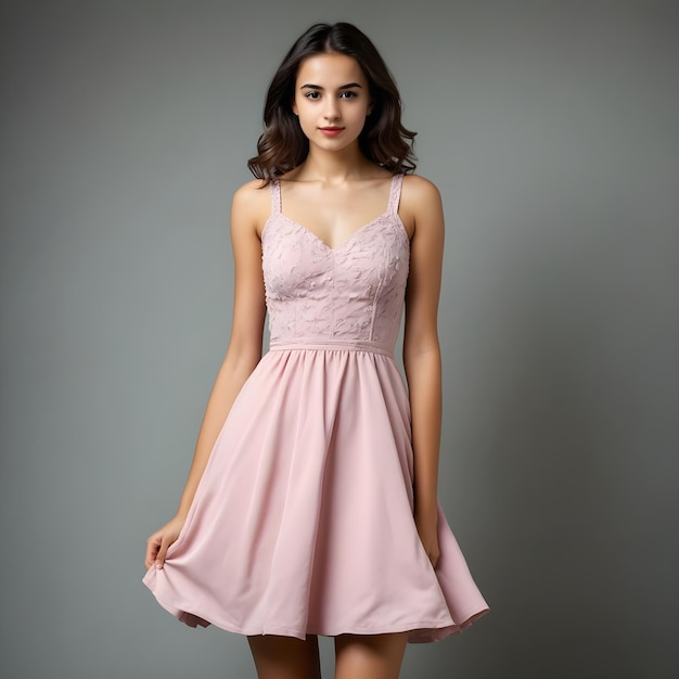 a woman in a pink dress posing for a photo