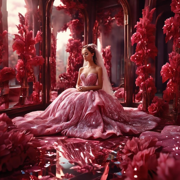 Photo a woman in a pink dress sits in a room with a bunch of hearts