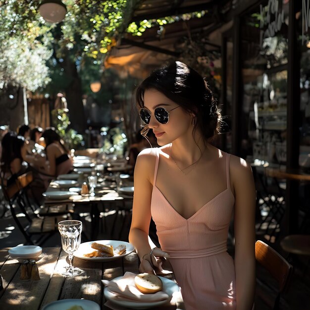 Photo woman in pink dress sitting at a cafe table