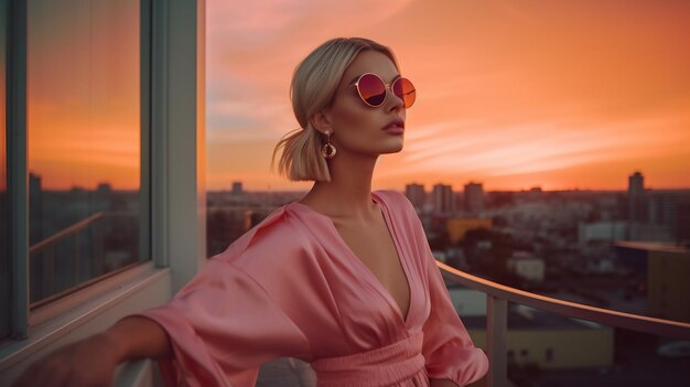 A woman in a pink dress stands on a balcony with a sunset in the background.