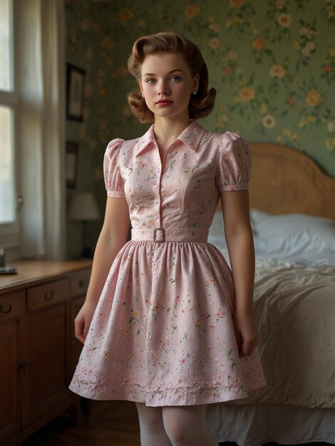 a woman in a pink dress stands on a bed