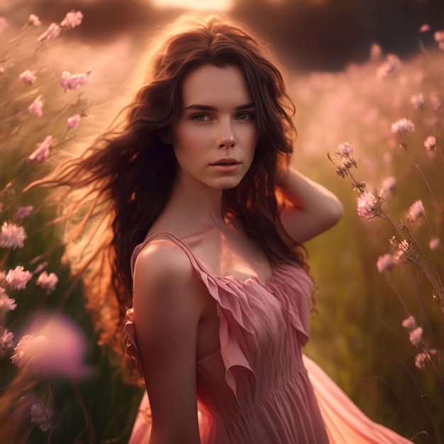 A woman in a pink dress stands in a field of flowers.