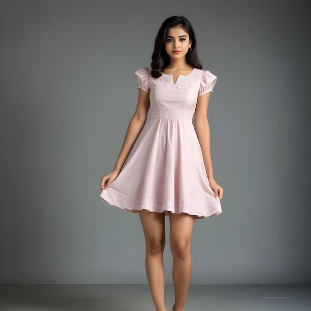 a woman in a pink dress stands in front of a gray background