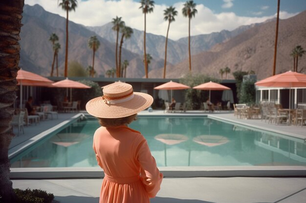 A woman in a pink dress stands in front of a pool with palm trees in the background.