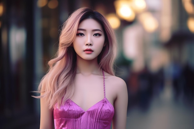 Woman in a pink dress stands in front of a street light